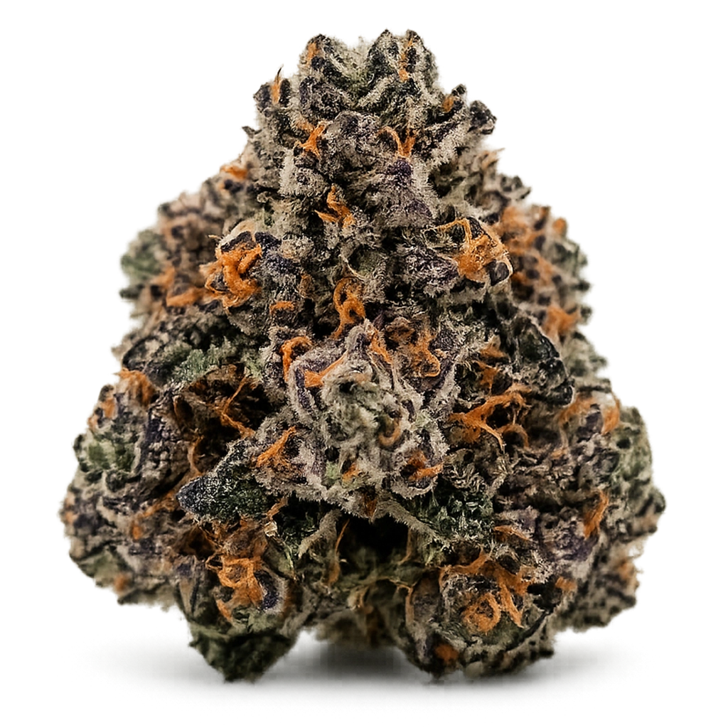 Forbidden Fruit strain with frosty purple buds, tropical fruit aroma, citrus sweetness, and dense trichome coverage.
