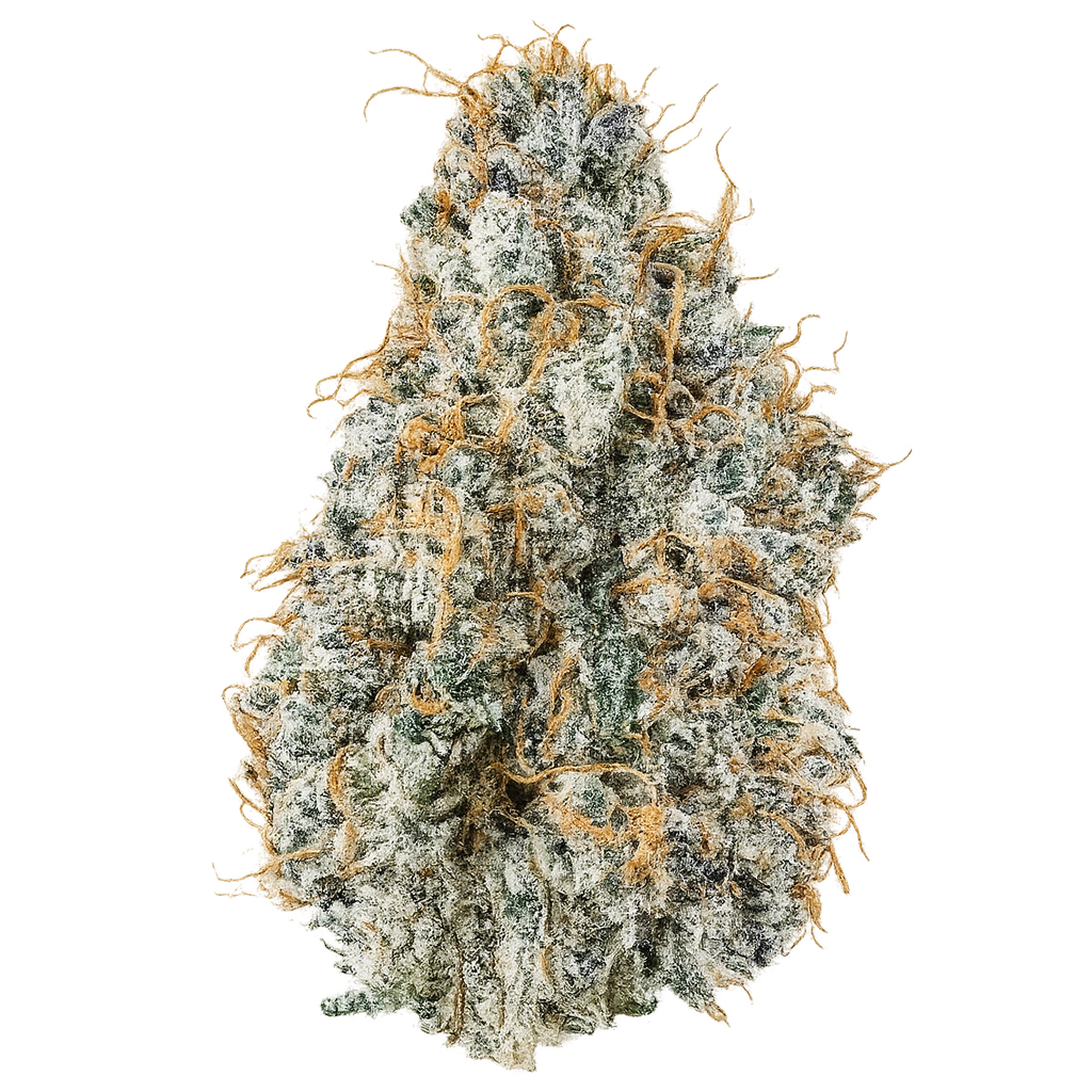 Gary Payton strain with frosty green-purple buds, loud gas aroma, cookie dough flavor, and dense trichome coverage.