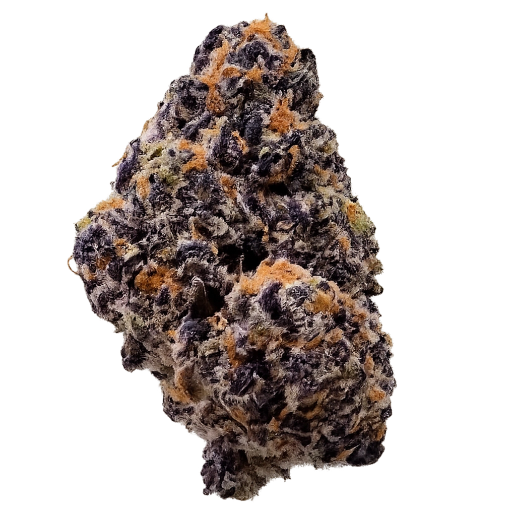 Gumbo strain with frosty purple buds, sweet bubblegum aroma, creamy candy terps, and dense trichome coverage.