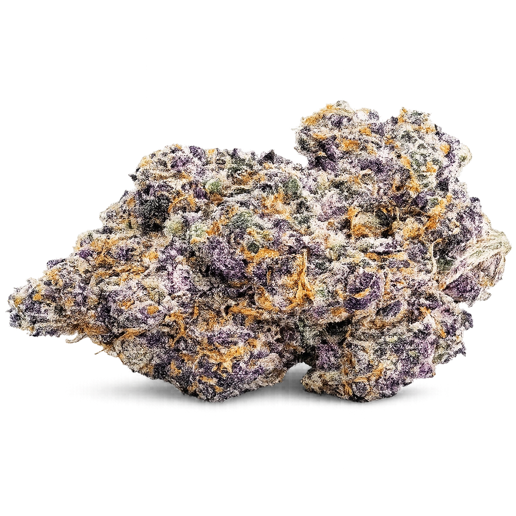 Insomnia Cake strain with frosty purple buds, sweet vanilla cake aroma, creamy dessert terps, and dense trichome coverage.
