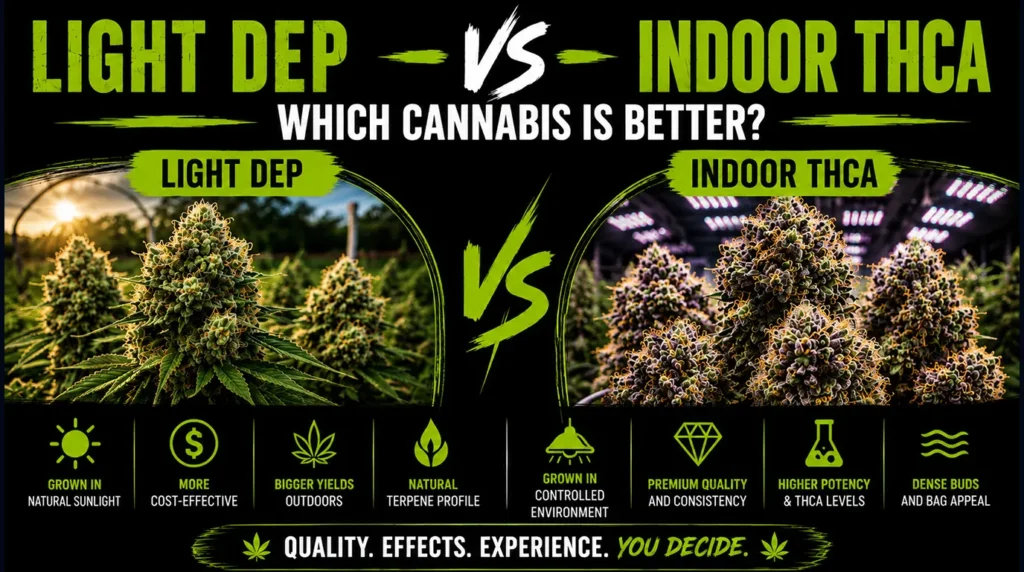 Light deprivation vs indoor THCa cannabis flower comparison showing differences in cultivation methods, potency, terpene profile, and overall quality.