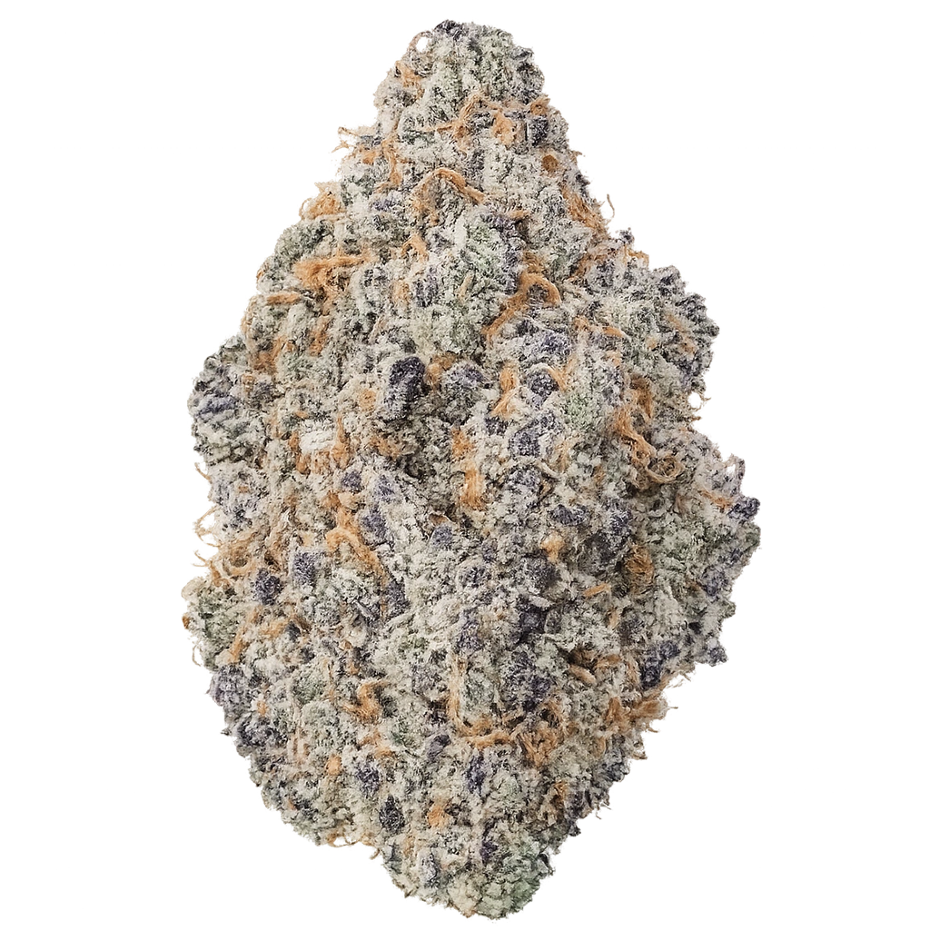 PB & J strain with frosty purple-green buds, creamy peanut butter aroma, berry jam notes, and dense trichome coverage.