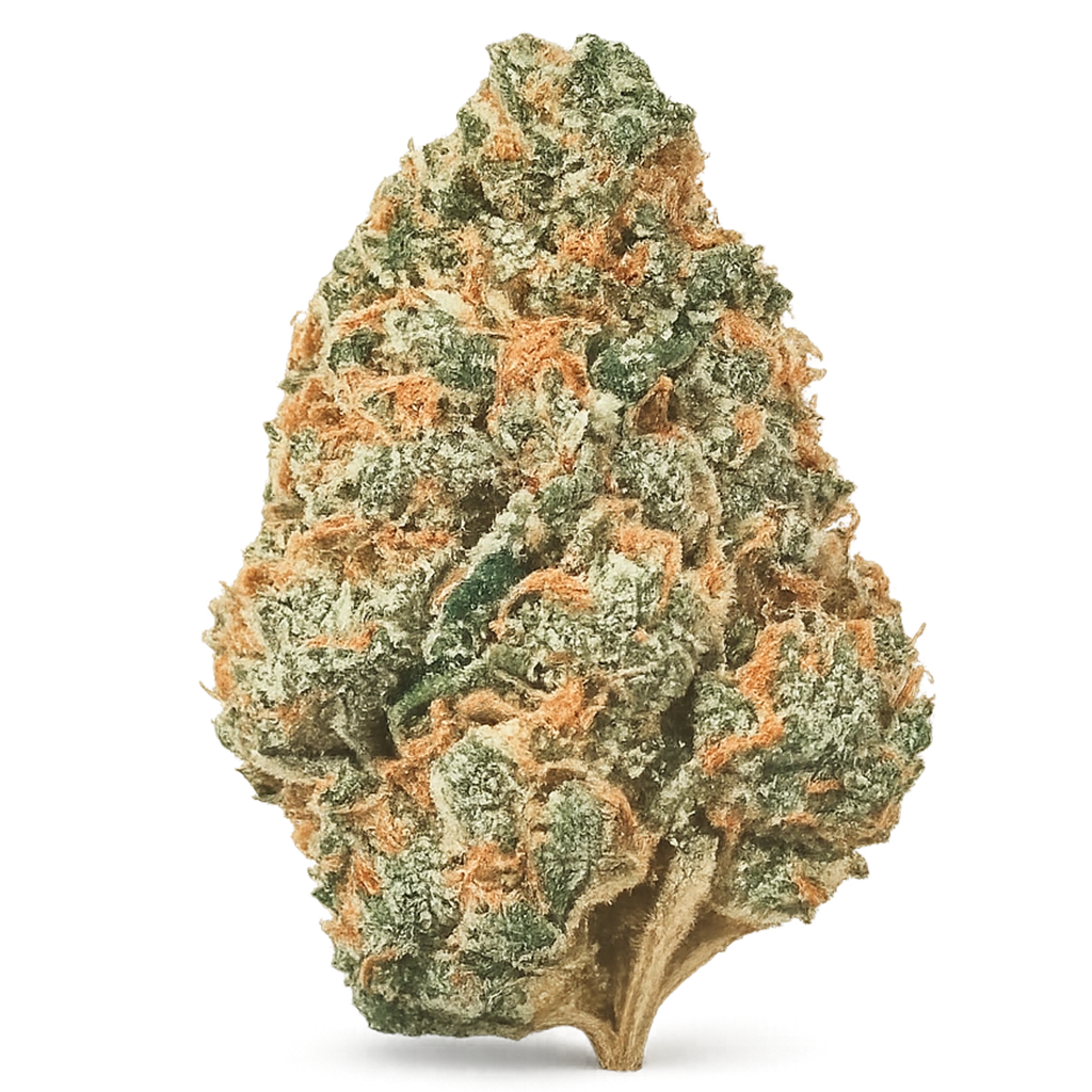 Papaya Cake strain with frosty green-purple buds, tropical papaya aroma, creamy dessert terps, and dense trichome coverage.