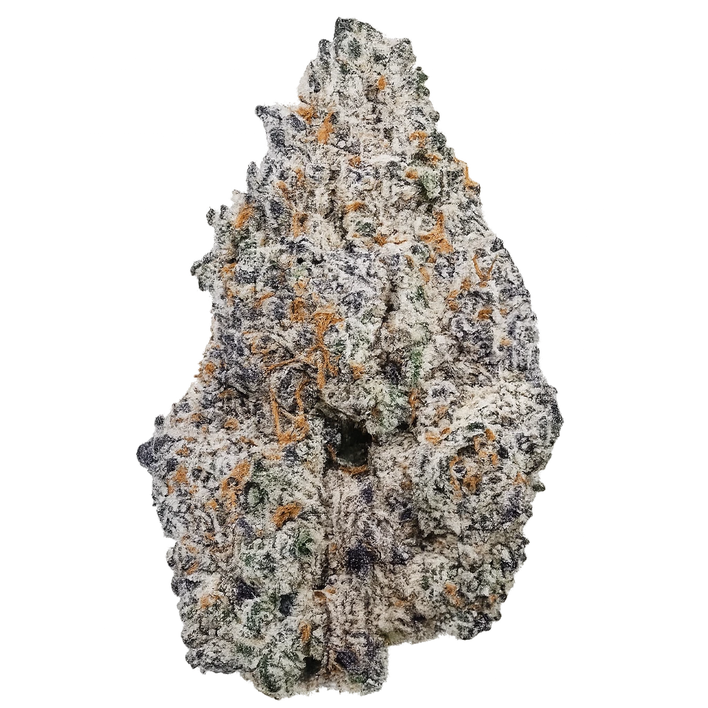 Tesla strain with frosty green-purple buds, citrus gas aroma, bright orange pistils, and dense trichome coverage.