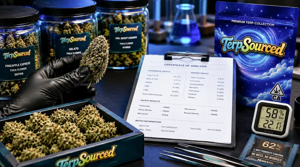 Dispensary-grade THCA flower with frosty trichomes and dense buds for retail buyers