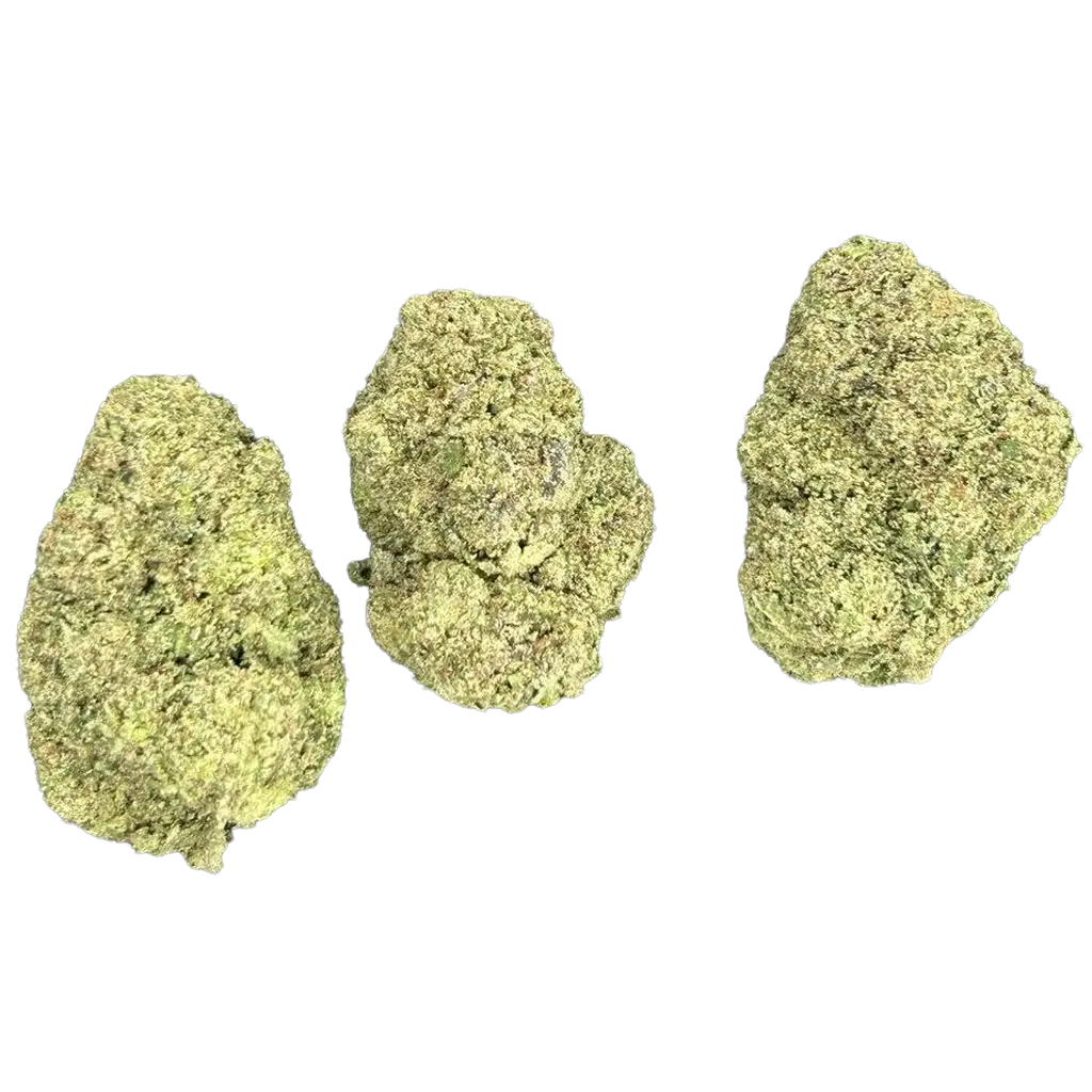 Double R Runtz THCa Flower featuring dense frosty purple and green buds with sweet candy aroma, tropical fruit terpenes, creamy gas notes, and heavy trichome coverage.