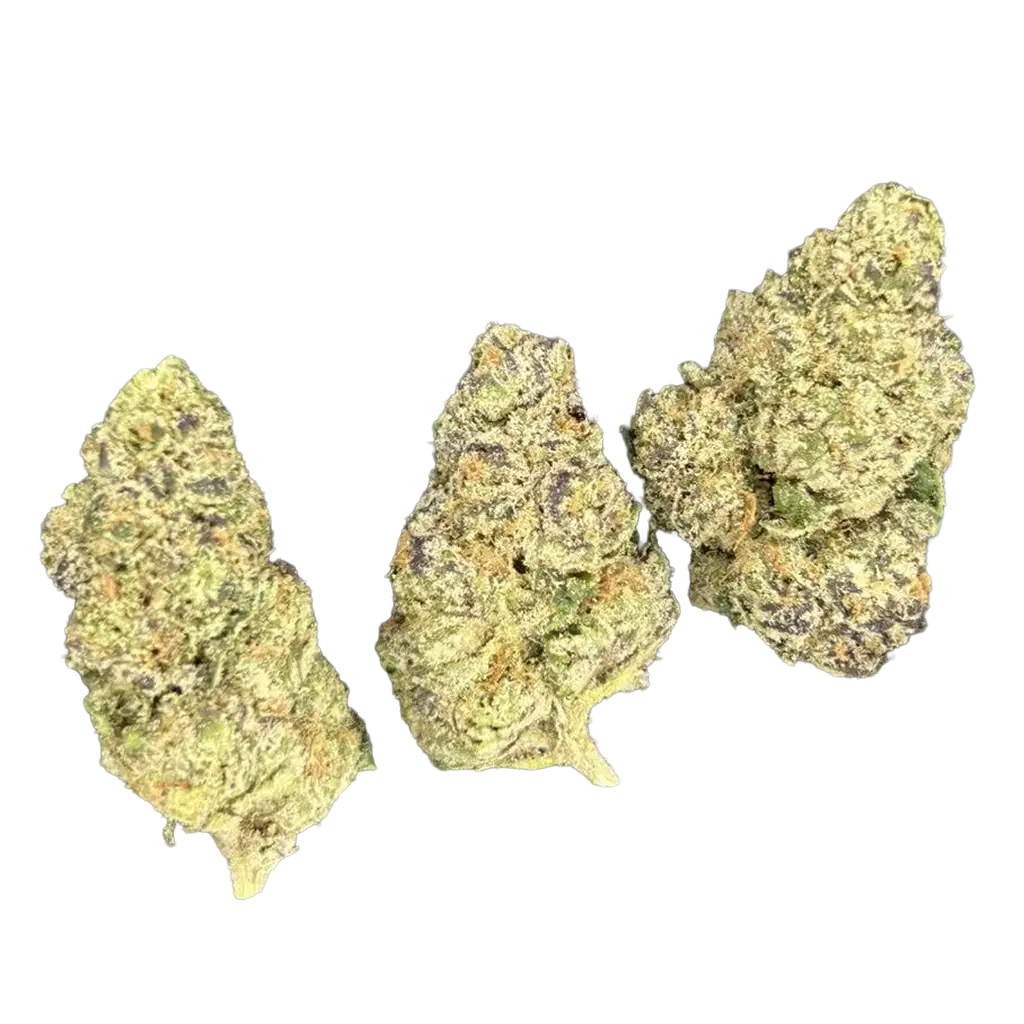 Sharpiez THCa Flower featuring dense frosty purple and green buds with sweet candy aroma, creamy dessert terpenes, and heavy trichome coverage.