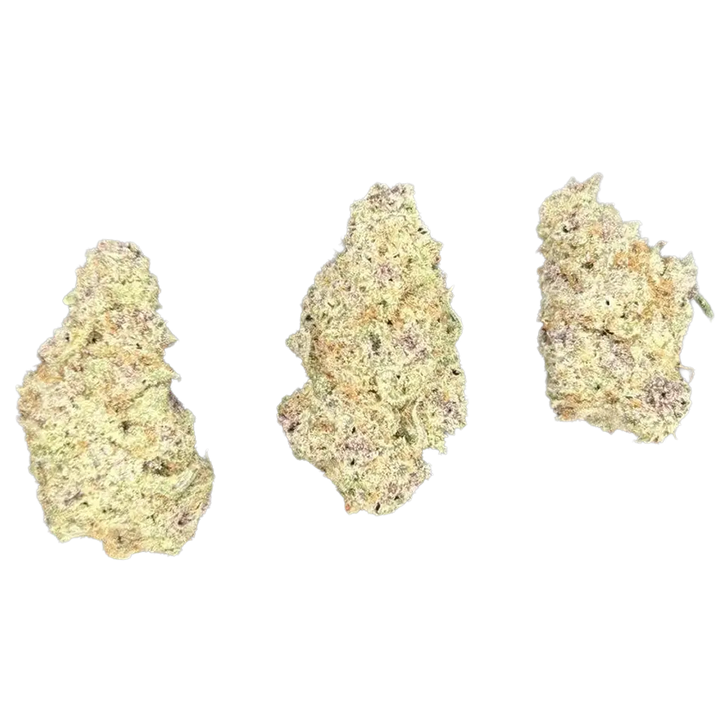 Subzero THCa Flower featuring dense frosty green and purple buds with sweet citrus aroma, earthy gas terpenes, and heavy white trichome coverage.