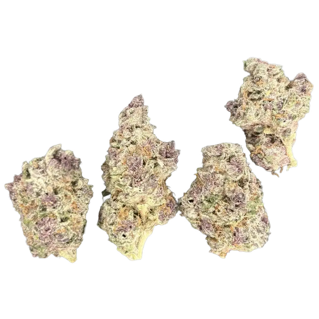 Super Buff Cherries THCa Flower featuring dense frosty purple and green buds with sweet cherry aroma, citrus terpenes, creamy gas notes, and heavy trichome coverage.