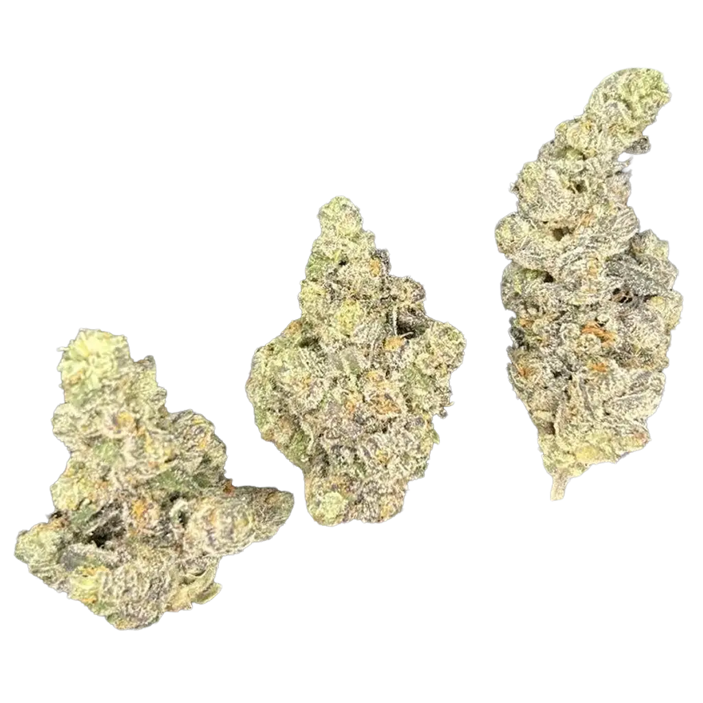 Third Eye THCa Flower featuring dense frosty purple and green buds with sweet citrus aroma, earthy gas terpenes, and heavy trichome coverage.