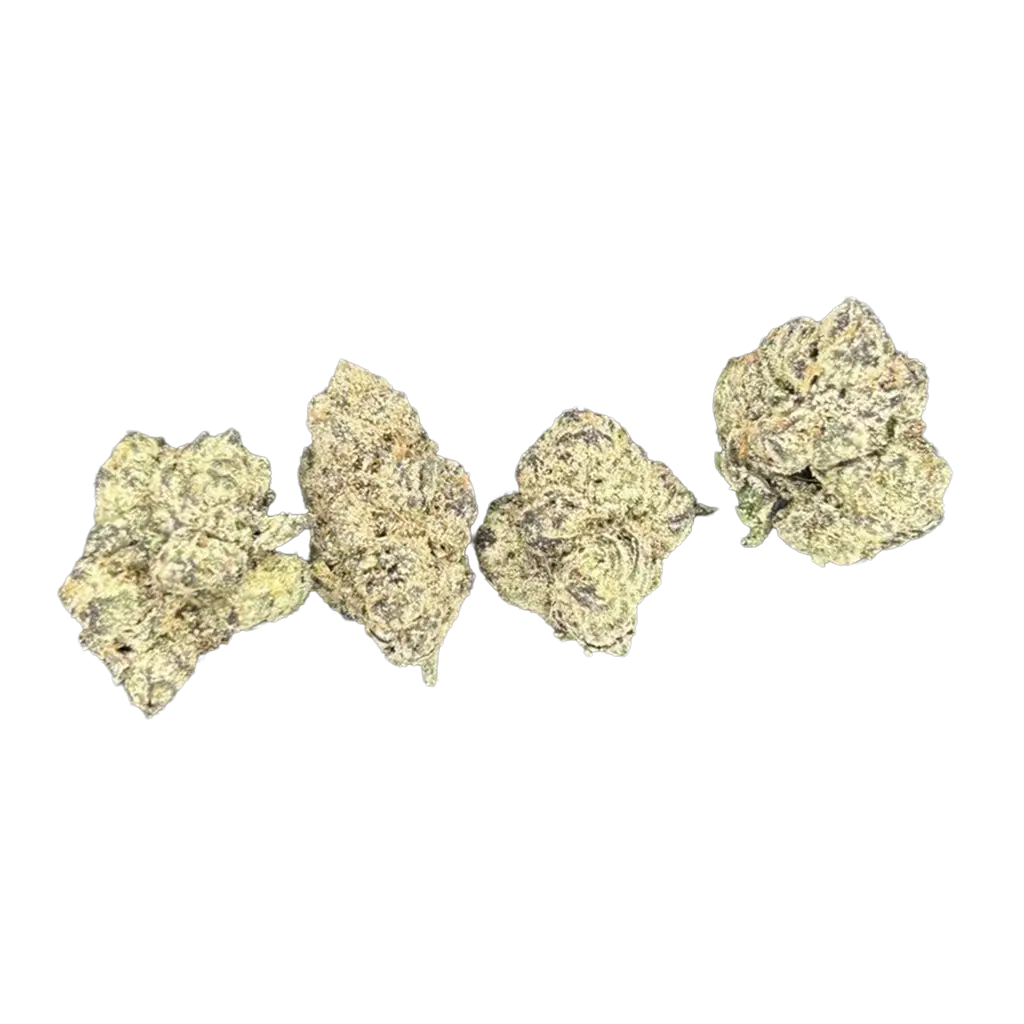 Zkushy THCa Flower featuring dense frosty purple and green buds with sweet candy aroma, Kush terpenes, and heavy trichome coverage.