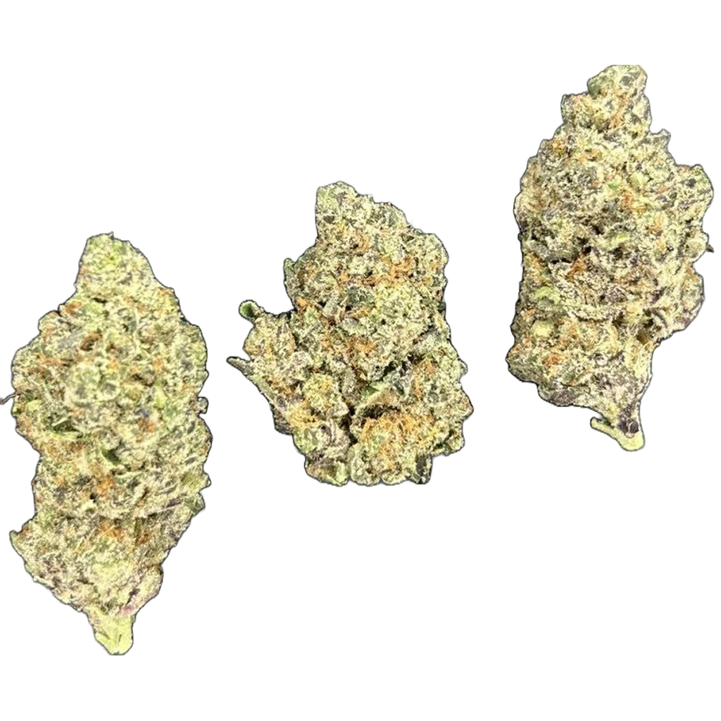 Chimera THCa Flower featuring dense frosty buds with sweet citrus, tropical fruit, earthy, and spicy terpene characteristics.